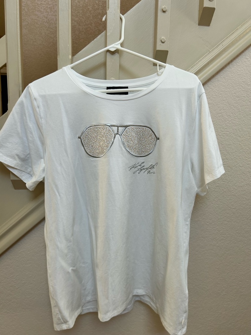 Karl Lagerfeld White Short Sleeve Tee with Silver Sunglasses Graphic
